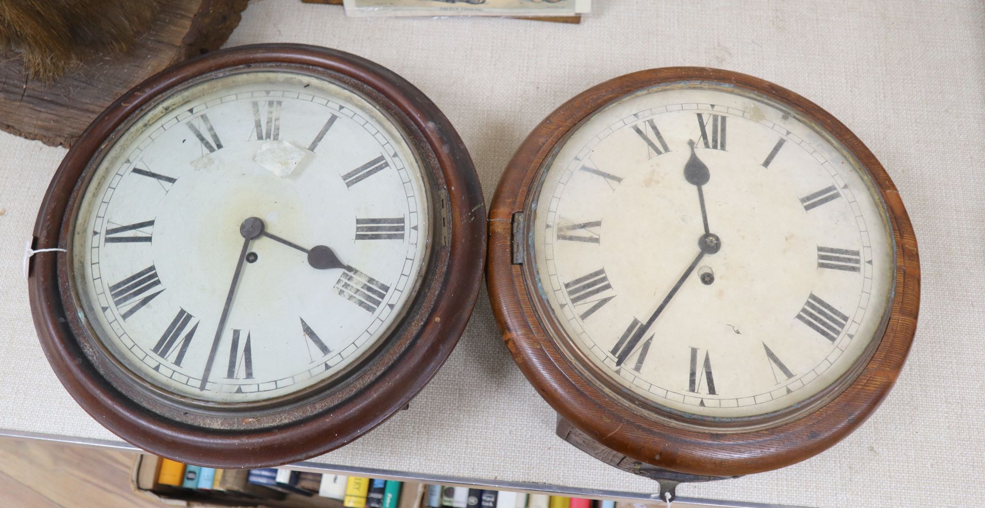 A Victorian pine dial wall clock with fusee movement and a similar clock with German movement, diameter 40cm